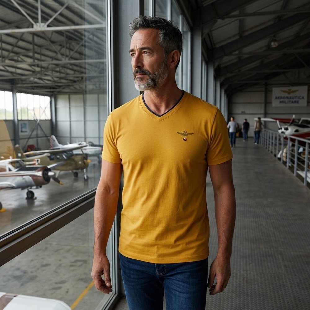 Aeronautica‎ Militare Mens V-Neck T-Shirt Mustard Yellow Cotton XXL TS1344 J372